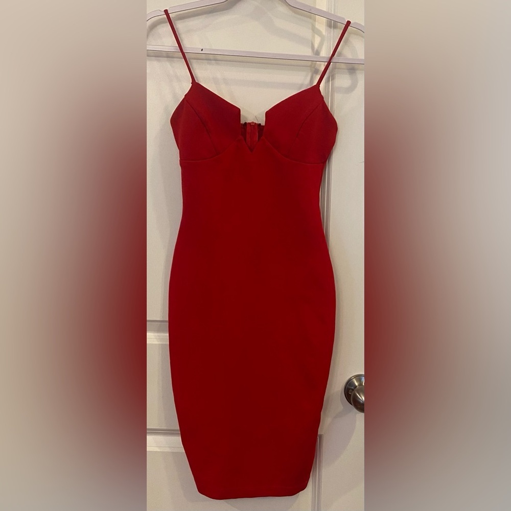 Windsor Dress Sz XS Red Low Cut Body-con Midi Spaghetti Straps Zip Back
